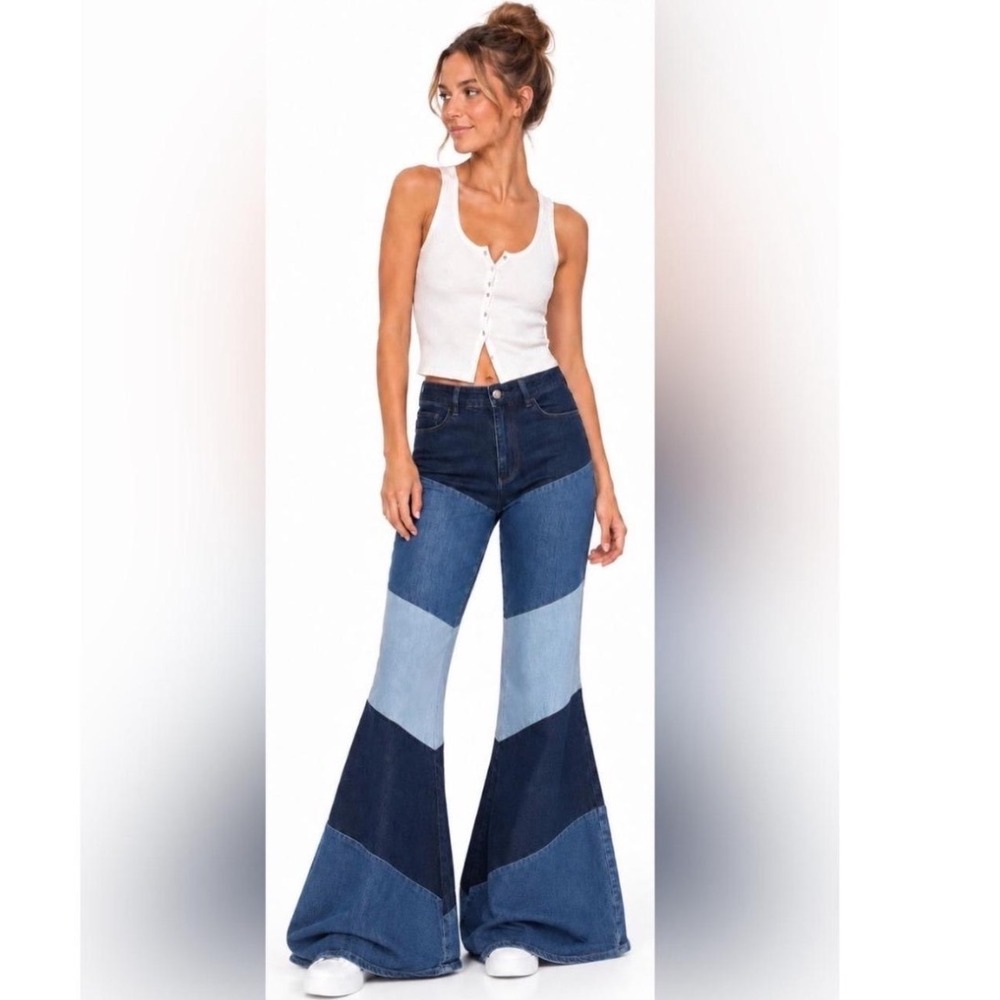 Altar'd State Patchwork Flare Jeans Womens High Waisted Blue Colorblock Bell